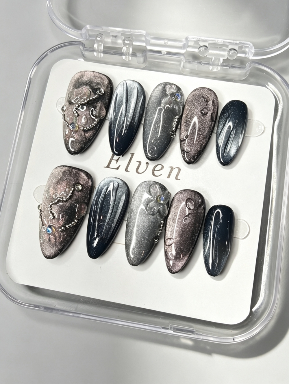 Elegant Cat Eye Almond Handmade Reusable Press On Nail Set with Sparkling
